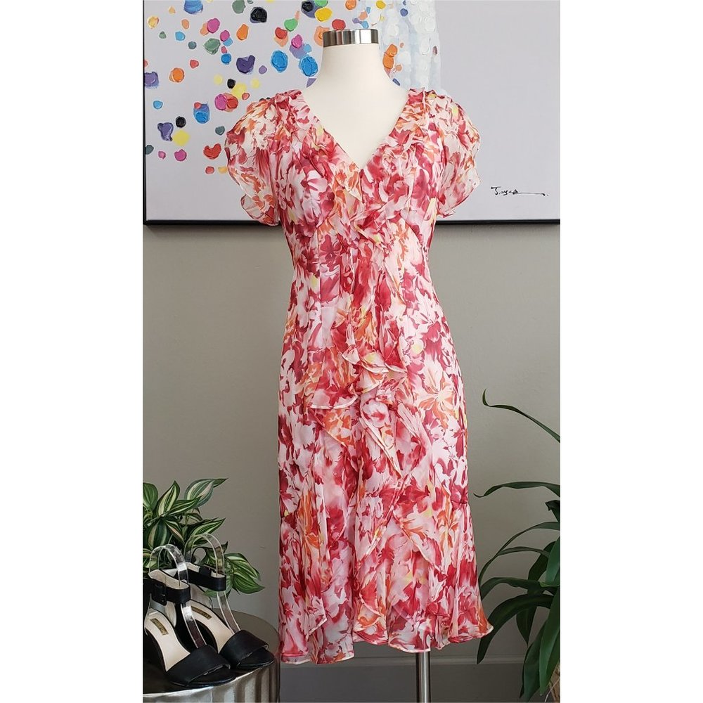 Carmen Marc Valvo Pink Floral Silk Ruffle Dress Size 4 - Picture 1 of 13
